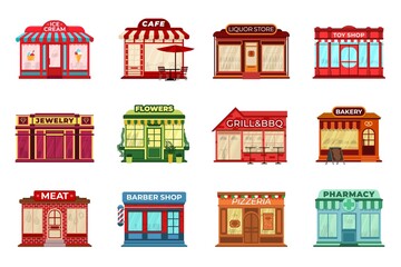 Cartoon flat shop facades. Different stores, local storefront or retail in town. Pharmacy, restaurant on city street. Commercial buildings recent vector set