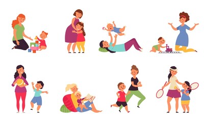 Fototapeta na wymiar Mother playing with kids. Boys play, child sitting on mothers kneets. Little baby and young mom, smiling sweet toddler decent vector cartoon characters