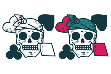 Skull tattoos with playing cards vector cartoon set isolated on a white background.
