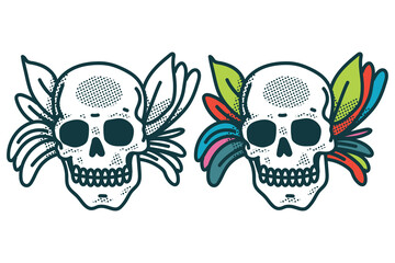 Skull tattoos with leaves vector cartoon set isolated on a white background.