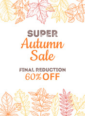 Obraz premium Discount shop banner. Sale autumn poster, super special prices with sketch colorful leaves. Yellow oak maple leaf, shopping advertising vector background