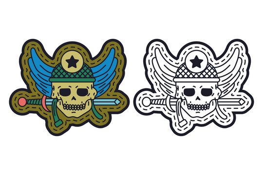 Military logo with skull vector cartoon illustration isolated on a white background.