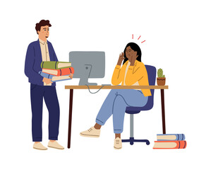 Office workers. Tired woman, overworking managers. Isolated cartoon man with books or paper folders. Angry female boss working on computer vector concept