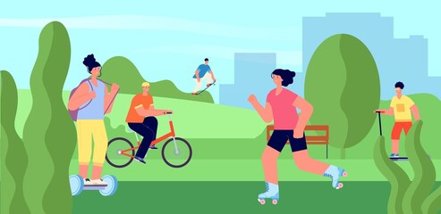 People riding in park. Teens on skateboard and roller ski, urban active men and women vector concept