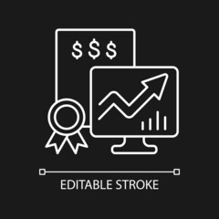 Marketable securities white linear icon for dark theme. Money market instruments. Hedge fund. Thin line customizable illustration. Isolated vector contour symbol for night mode. Editable stroke