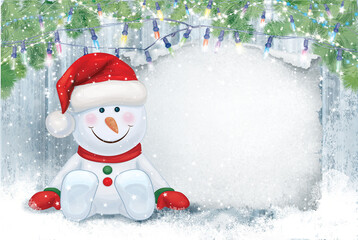Merry Christmas card. Cute snowman cartoon, greeting card for winter holidays.