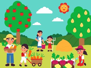 Autumn harvest characters. Fall season garden, farmer with baby harvesting. Agriculture family on vegetable farm, cute minimal decent vector illustration
