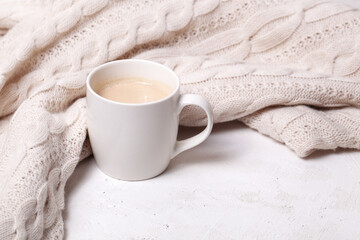 Cosy background with cup of coffee, hot chocolate 