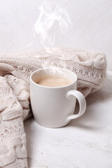 Cosy background with cup of coffee, hot chocolate 