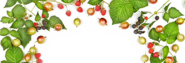 raspberries and gooseberries isolated on a white background. Wide photo. There is free space for your text.