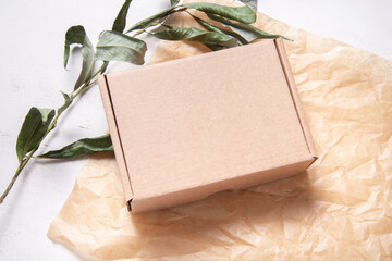 Brown Cardboard Carton box on fresh green leaves