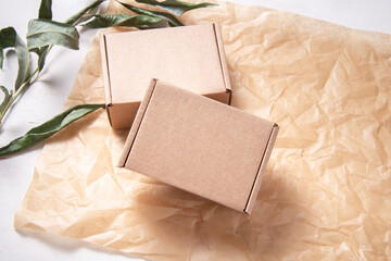 Brown Cardboard Carton box on fresh green leaves