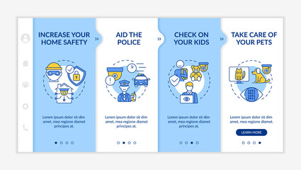 Household observation pros onboarding vector template. Responsive mobile website with icons. Web page walkthrough 4 step screens. Home security systems color concept with linear illustrations