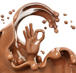 Splash chocolate and hand shows ok sign isolated on white background, hand shows ok, abstract 3d rendering