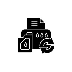 Printer cartridge refill black glyph icon. Reusable ink container for office machine. Eco friendly package. Reduce carbon print. Silhouette symbol on white space. Vector isolated illustration