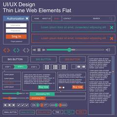 Vector UI UX kit for mobile applications and web sites. Universal user interface template with responsive design, tools and buttons. Flat menu icons and control elements on color blue background.