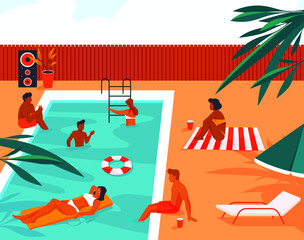 Summer party or pool entertainment, background or banner. People have fun and enjoy outdoor, resting, sunbathing or swimming. Resort or hotel back yard view, water amusement, summertime.