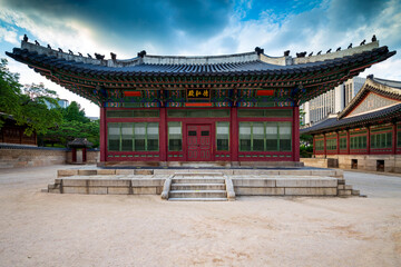 Naklejka premium Deokhongjeon Hall in Deoksugung Palace, translation of inscription means Deokhongjeon, the name of this 1911 building. Seoul, South Korea.