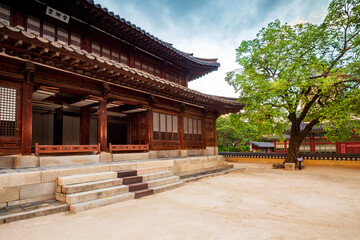 Seogeodang the only building at Deoksugung with a two-storied roof in Deoksugung Palace, translation of inscription is Seogeodang, the name of the building. Seoul, South Korea.