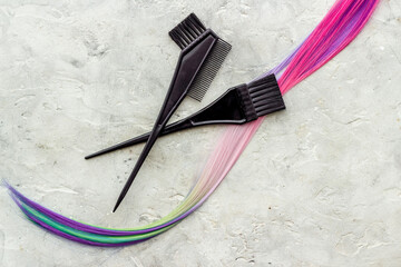 Hairdresser tools for hair dye - brush and strand of hair
