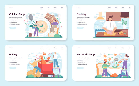 Chicken soup web banner or landing page set. Tasty meal and ready dish