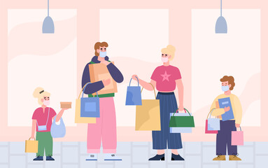 Family shopping in masks during virus pandemic, flat vector illustration.