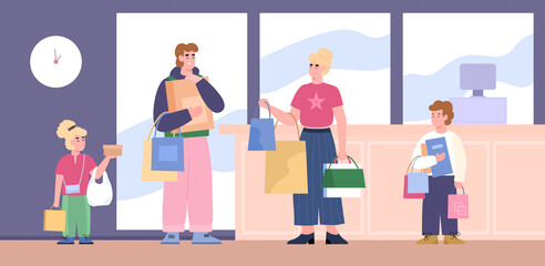 Fototapeta premium Family with shopping bags in front of cashier counter, flat vector illustration.