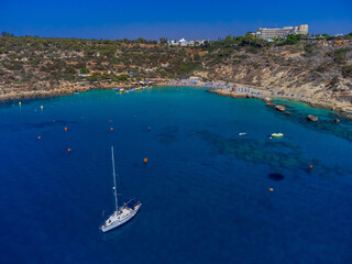 Blue Lagoon Konnos Beach Cyprus Aerial view Drone. Mediterranean sea coastline
