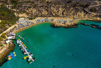 Blue Lagoon Konnos Beach Cyprus Aerial view Drone. Mediterranean sea coastline