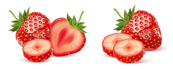 Strawberry fruits set with strawberries of pieces element in the middle on white background. Realistic vector in 3D illustration.