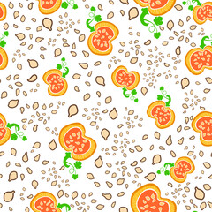 A pattern of pumpkin halves with seeds.For decorating fabrics and surfaces,for printing brochures, posters, parties, vintage textile design, postcards, wallpaper or packaging