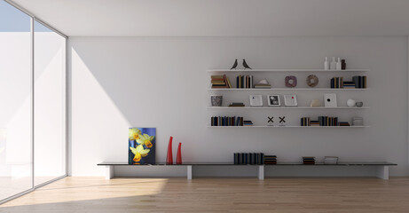 Fototapeta premium Illustration 3D rendering large luxury modern bright interiors Living room mockup computer digitally generated image