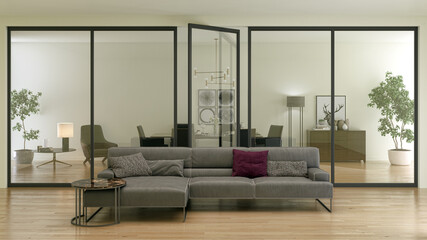 Illustration 3D rendering large luxury modern bright interiors Living room mockup computer digitally generated image