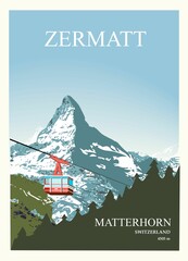 Stylish ski and travel poster. Winter view of the Matterhorn near Zermatt with a ski lift - 449866730