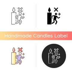 Never leave burning candle manual label icon. Unstable, large flame danger. Unattended candles. Linear black and RGB color styles. Isolated vector illustrations for product use instructions