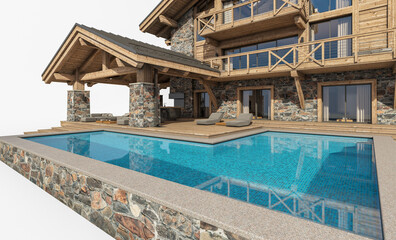 3d rendering of modern cozy chalet with pool and parking for sale or rent. Massive timber beams columns. Clear sunny summer day. Isolated on white