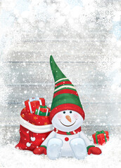 Merry Christmas card. Cute snowman cartoon with presents, greeting card for winter holidays.