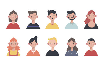 Hand-drawn set of people faces. Vector illustration about young women.