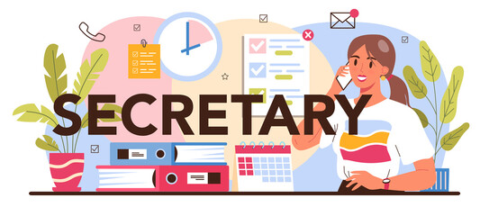 Secretary typographic header. Receptionist answering calls and assisting