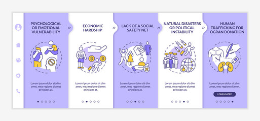 Human trafficking reasons onboarding vector template. Responsive mobile website with icons. Web page walkthrough 5 step screens. Human trade causes color concept with linear illustrations