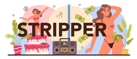 Fototapeta premium Stripper typographic header. Pole dancing woman in club, stripper