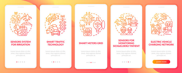 Smart city projects gradient red onboarding mobile app page screen. Smart systems walkthrough 5 steps graphic instructions with concepts. UI, UX, GUI vector template with linear color illustrations