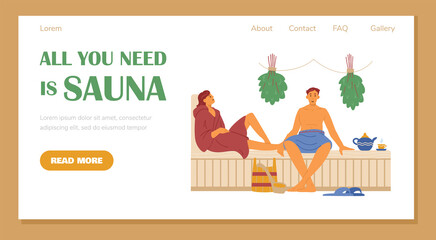 Web banner with young couple man and woman relaxing at hot steam sauna or spa.