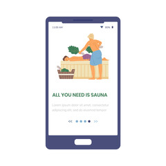 Mobile phone screen with people enjoying of relaxation in hot steam sauna.