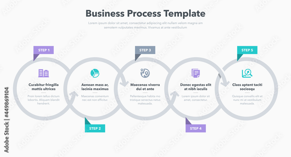 Poster Modern business process template with five steps. Easy to use for your website or presentation.