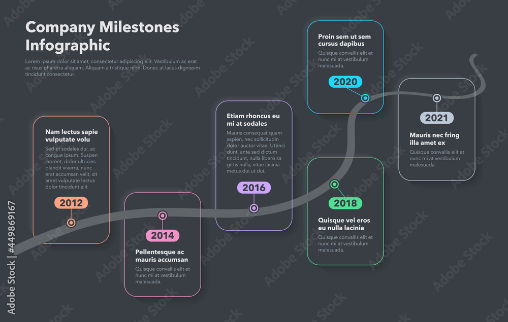 Poster Business infographic for curved road map timeline with colorful pointers - dark version. Easy to use for your website or presentation.