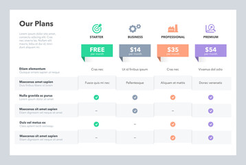 Simple pricing comparison table with four subscription plans and place for description. Flat infographic design template for website or presentation.