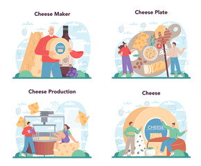 Cheese maker concept set. Professional chef making block of cheese