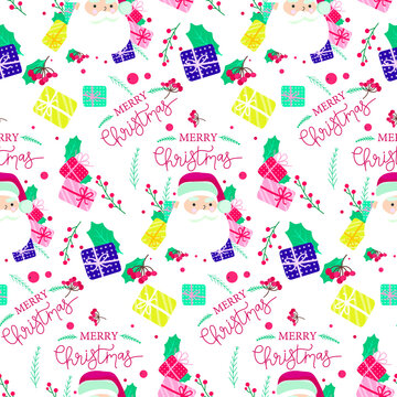 Vector illustration. Seamless patterns with colorful illustrations of Christmas items. Gift packages. Merry Christmas. Use it for textile prints, patterns, web pages, wrapping paper, presentation desi