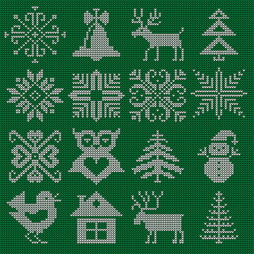 Fabric knitted logo. Xmas ornament on clothes handicraft woolen symbols scandinavian scheme textile objects snowflakes pathwork recent vector illustrations